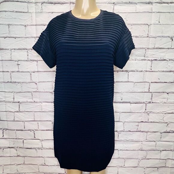 J.Crew Womens Navy Blue Short-Sleeve Crew-Neck Chiffon Ruffle Shift Dress Size 2 - Picture 1 of 10